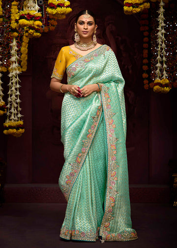 Turquoise Heavy Embroidered Banarasi Silk Saree