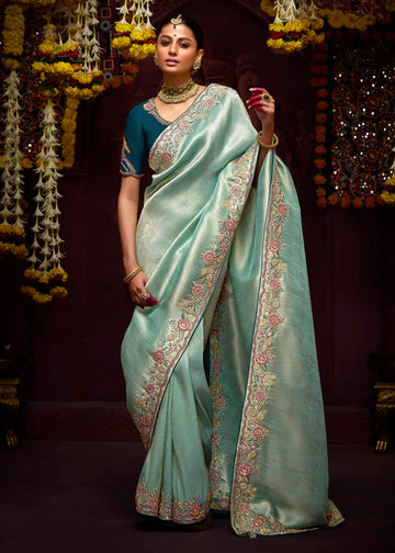 Light Blue Heavy Embroidered Banarasi Silk Saree