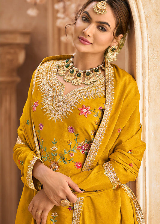 Yellow Embroidered Palazzo Salwar Suit In Chinon