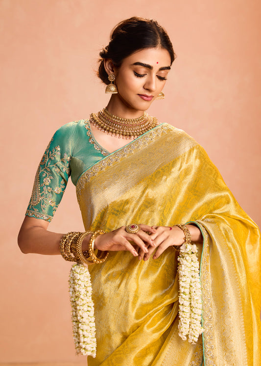 Yellow Zari Embroidered Bridal Saree In Silk