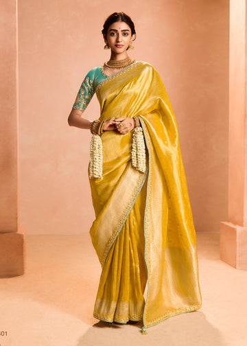 Yellow Zari Embroidered Bridal Saree In Silk