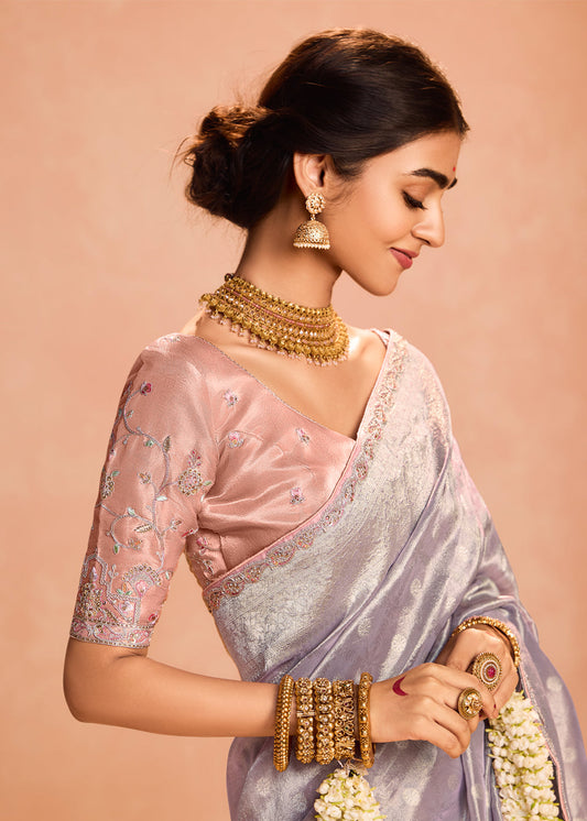 Purple Zari Embroidered Bridal Saree In Silk