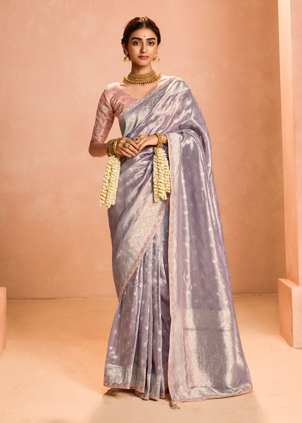 Purple Zari Embroidered Bridal Saree In Silk