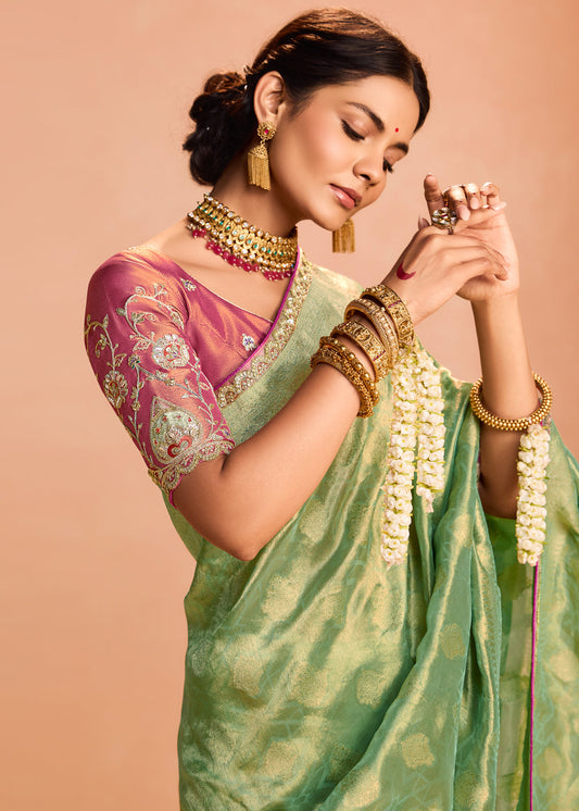 Green Zari Embroidered Bridal Saree In Silk