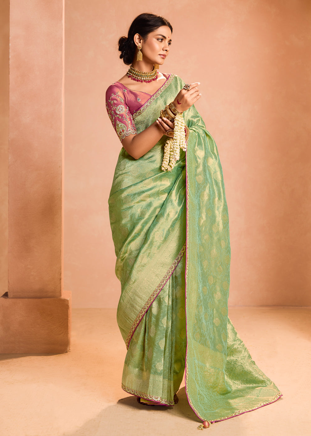 Green Zari Embroidered Bridal Saree In Silk