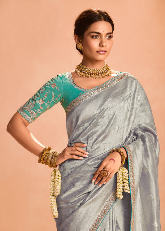 Grey Zari Embroidered Bridal Saree In Tissue Silk