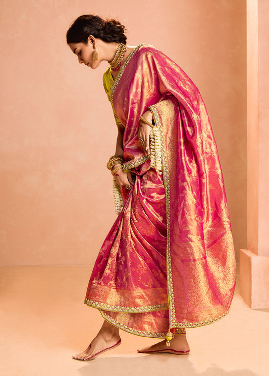 Pink Zari Embroidered Bridal Saree In Silk