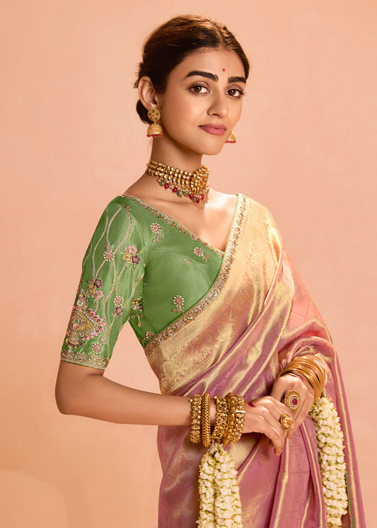 Pink Zari Embroidered Bridal Saree In Silk