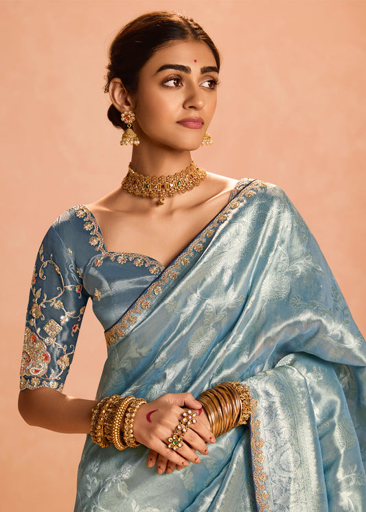 Blue Zari Embroidered Wedding Saree In Silk