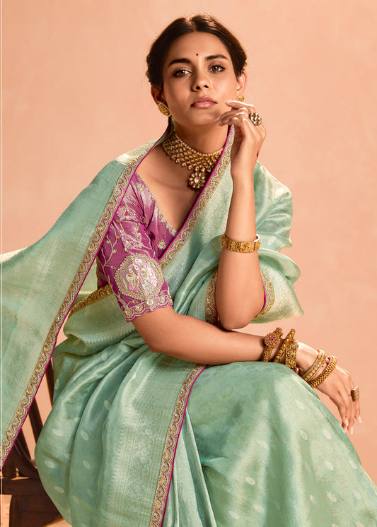 Sea Green Zari Embroidered Bridal Saree In Silk