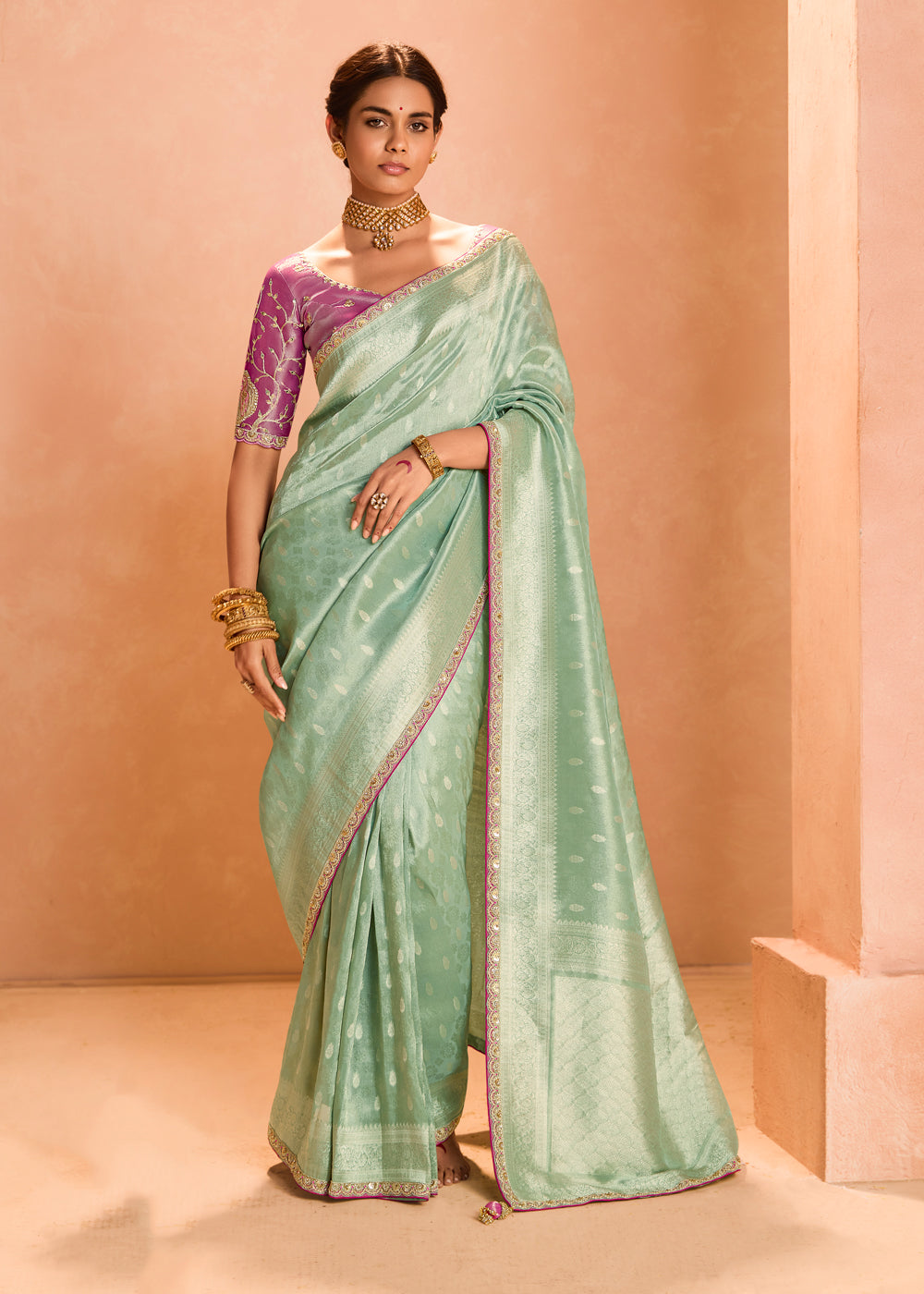 Sea Green Zari Embroidered Bridal Saree In Silk