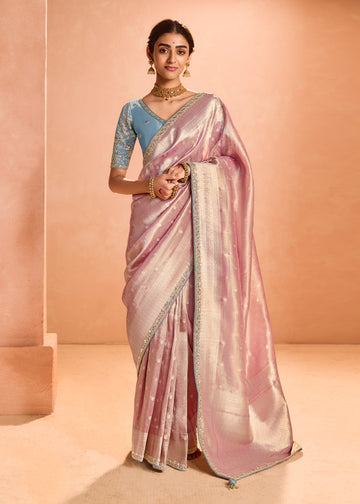 Pink Zari Embroidered Bridal Saree In Silk