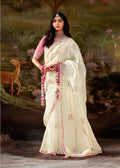 Cream Sequin Thread Embroidered Chiffon Saree - Indian Paridhan 