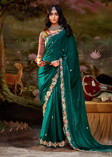 Green Thread Embroidered Chiffon Saree