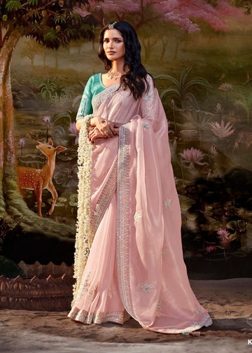 Pink Thread Embroidered Indian Saree