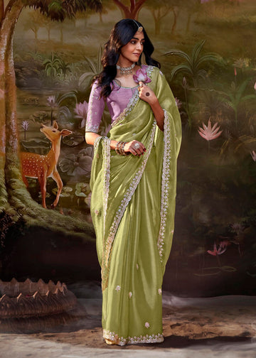 Green Sequin Embroidered Party Wear Saree