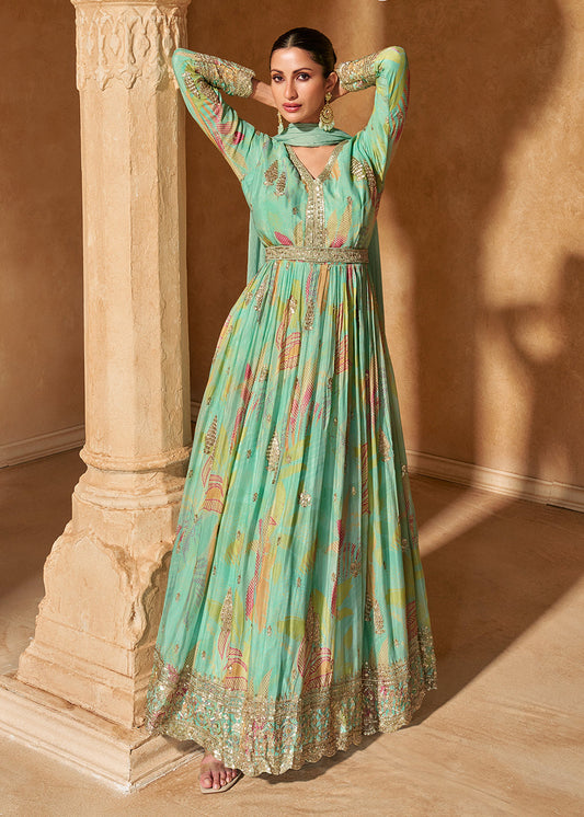 Sea Green Sequin Embroidered Anarkali Salwar Suit