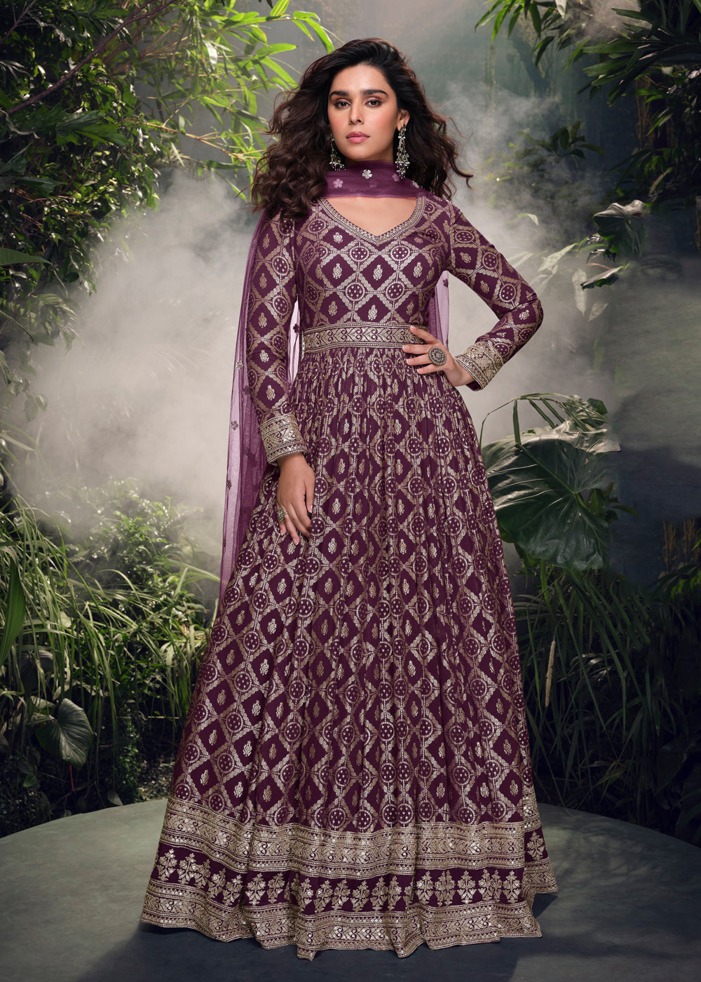 Wine Sequin Embroidered Anarkali Salwar Suit