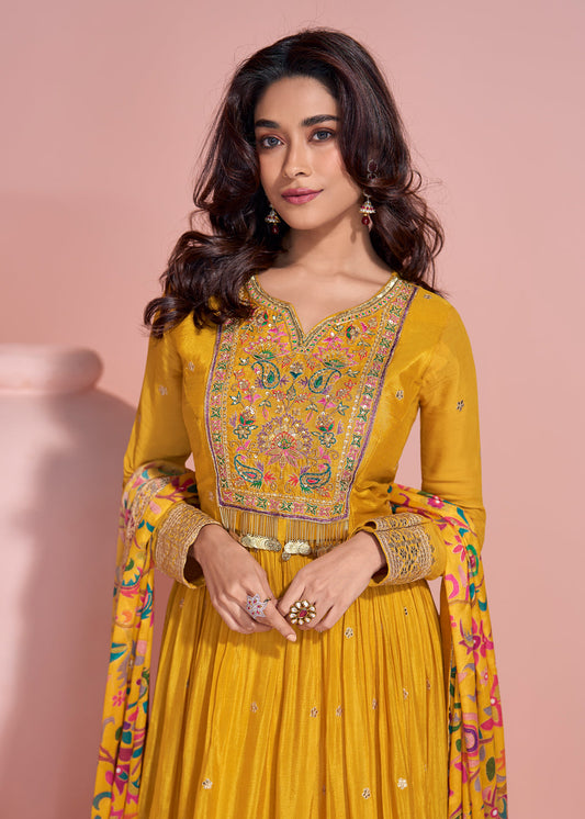 Yellow Thread Embroidered Anarkali Suit In Silk