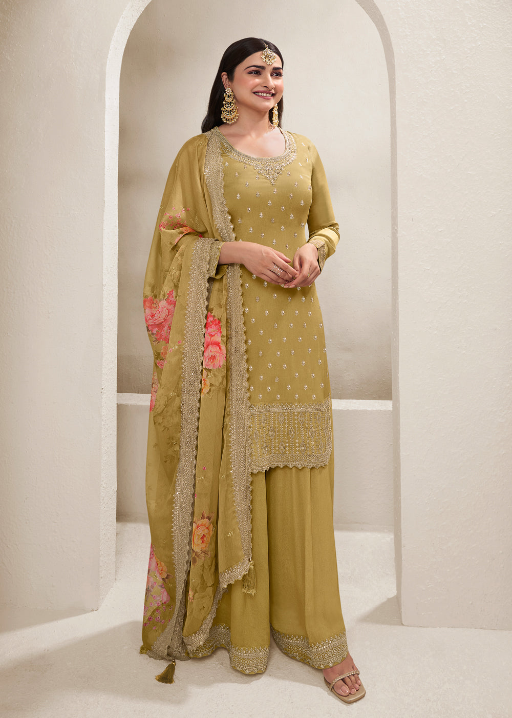 Olive Green Embroidered Palazzo Suit In Chinon Silk