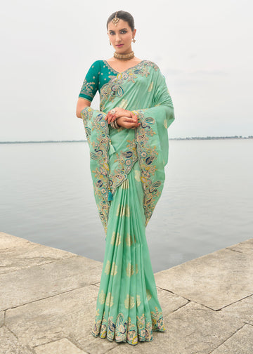 Green Heavy Embroidered Silk Bridal Saree