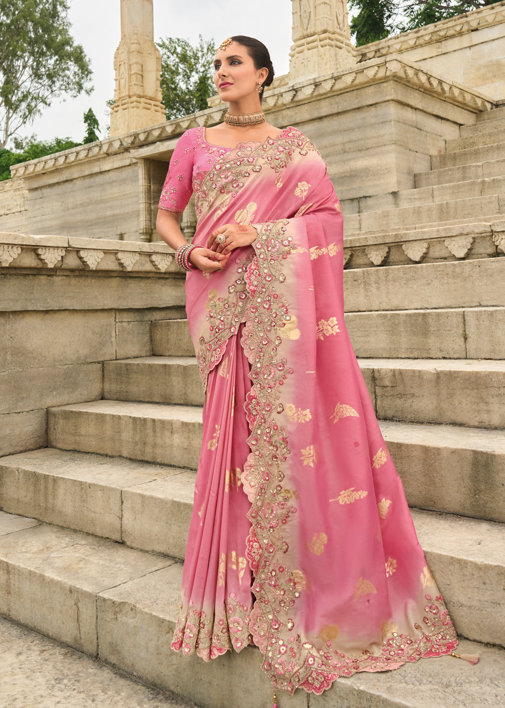 Shaded Pink Heavy Embroidered Silk Bridal Saree