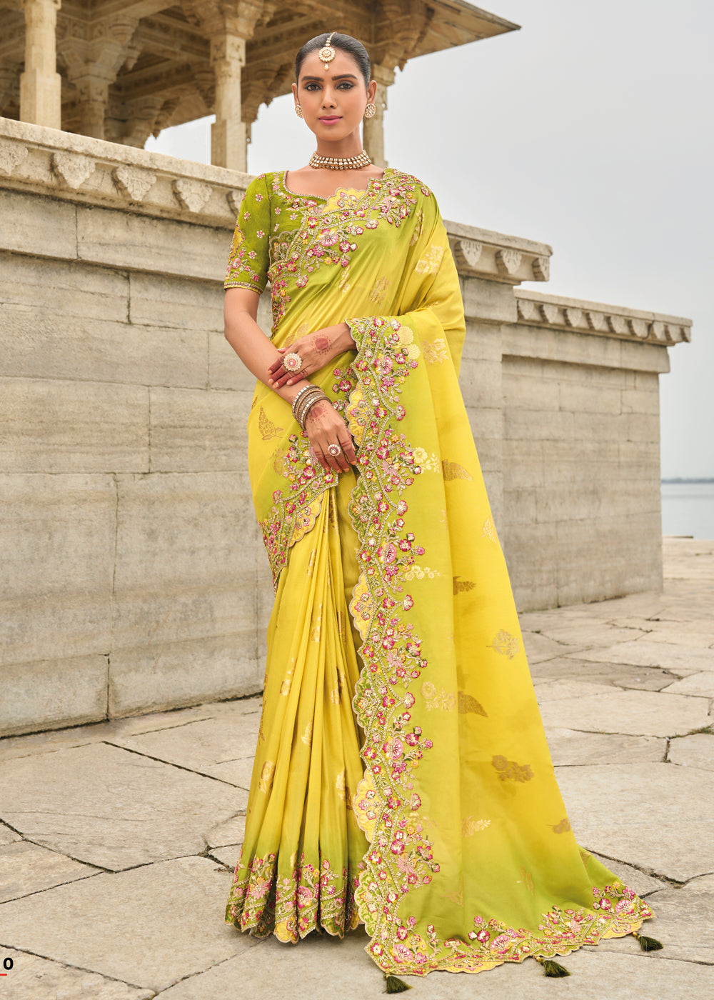 Lemon Yellow Heavy Embroidered Silk Saree