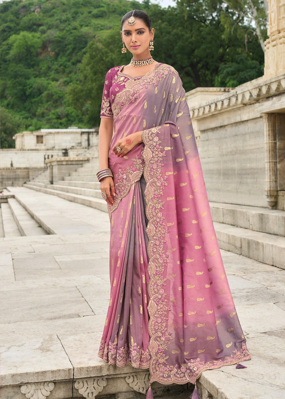 Shaded Pink Zari Embroidered Silk Saree