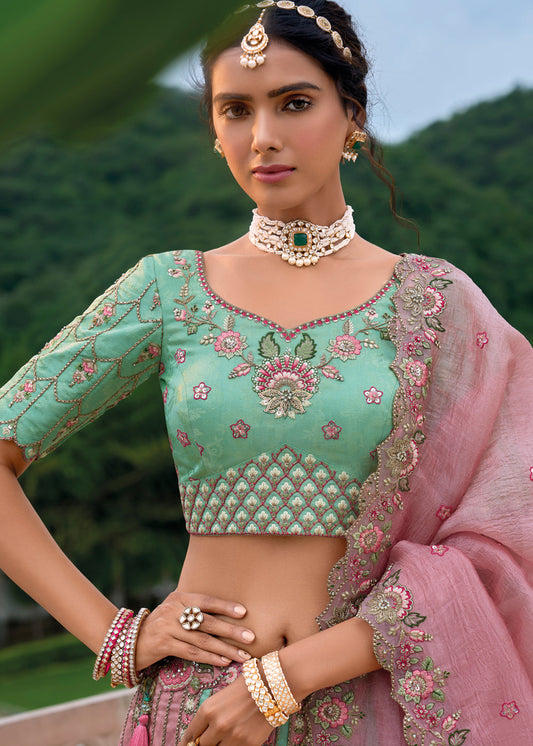 Pink And Turquoise Silk Wedding Lehenga Choli