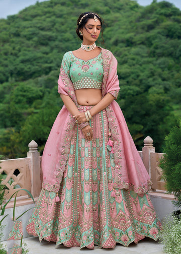 Pink And Turquoise Silk Wedding Lehenga Choli