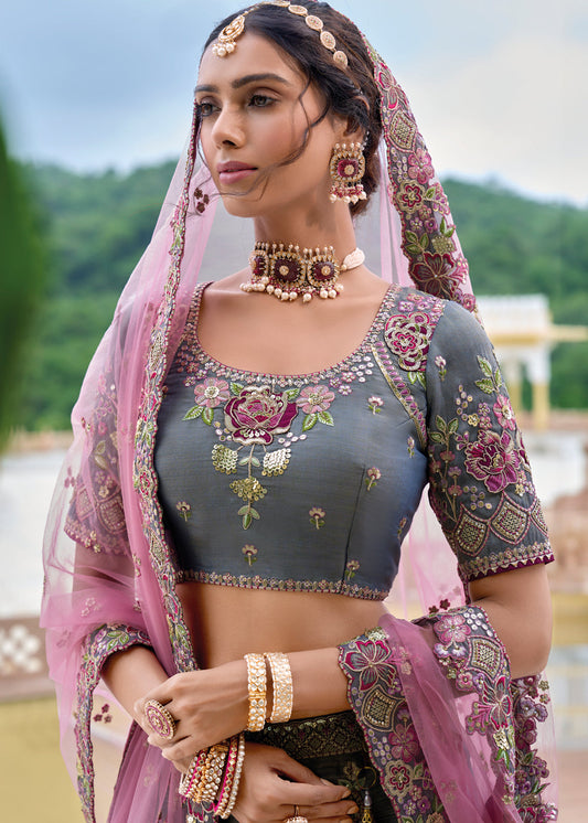 Grey Silk Embroidered Lehenga Choli In Silk