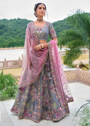 Grey Silk Embroidered Lehenga Choli In Silk