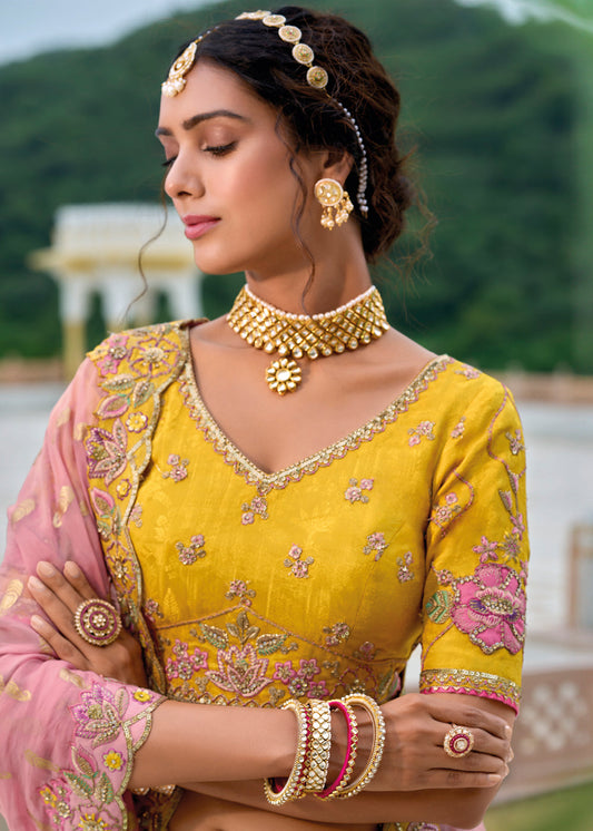 Yellow Embroidered Bridesmaid Lehenga Choli In Silk