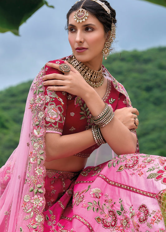 Pink Embroidered Wedding Lehenga Choli In Silk