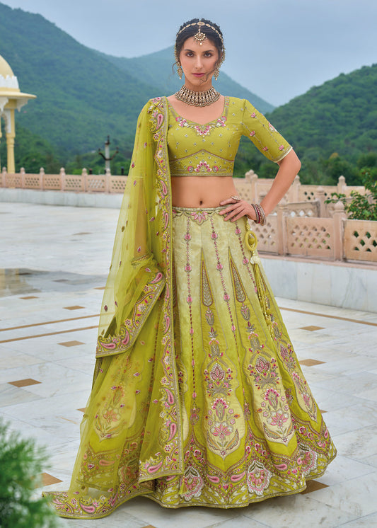 Shaded Green Embroidered Lehenga Choli In Silk