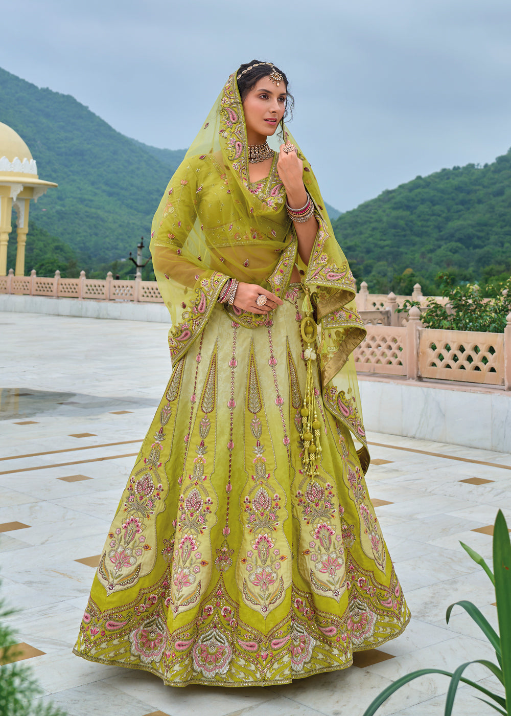 Shaded Green Embroidered Lehenga Choli In Silk