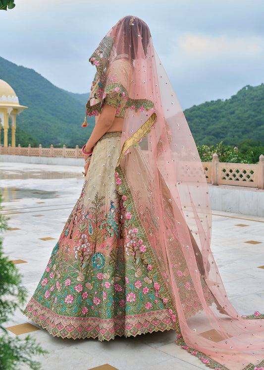 Beige Heavy Embroidered Lehenga Choli In Silk