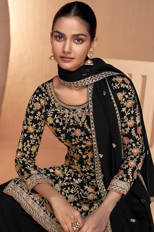 Black Chinon Silk Embroidered Sharara Suit