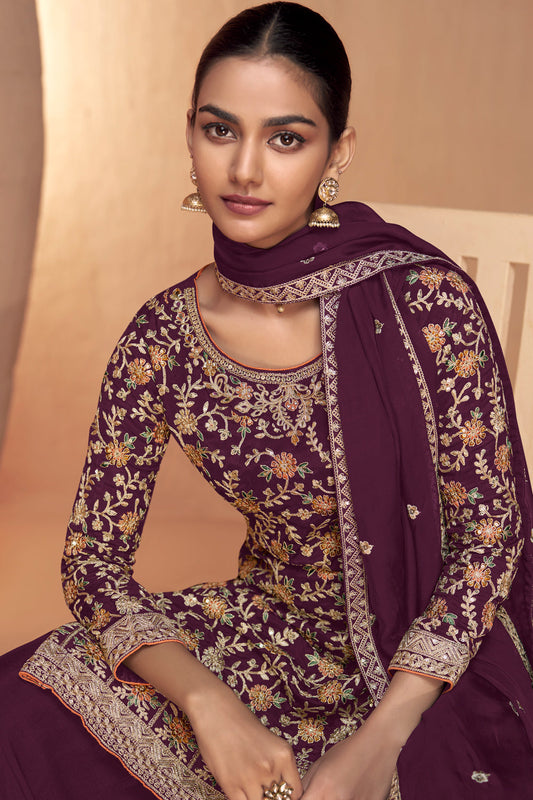 Wine Chinon Silk Embroidered Sharara Suit