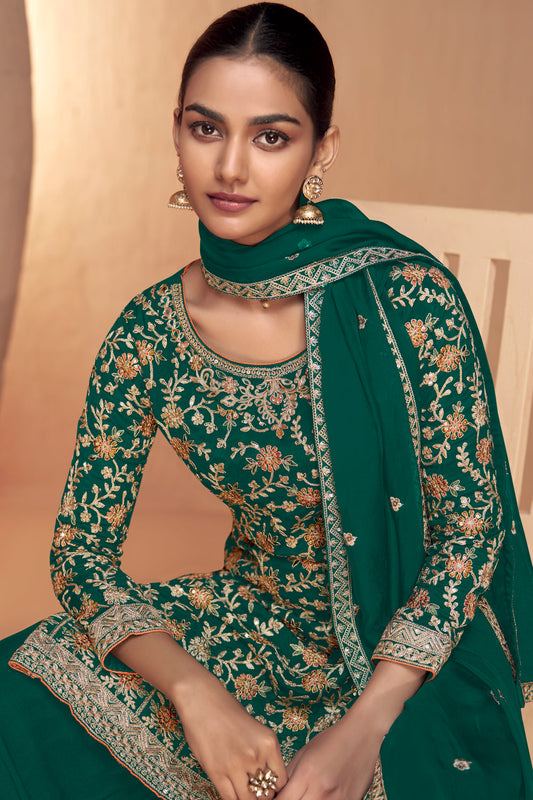 Green Chinon Silk Embroidered Sharara Suit