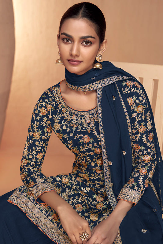 Blue Chinon Silk Embroidered Sharara Suit