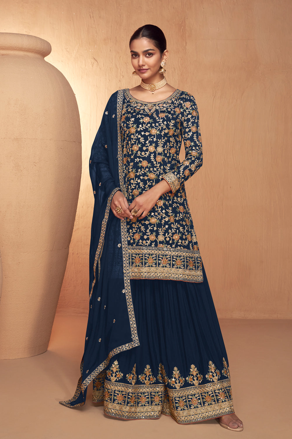 Blue Chinon Silk Embroidered Sharara Suit