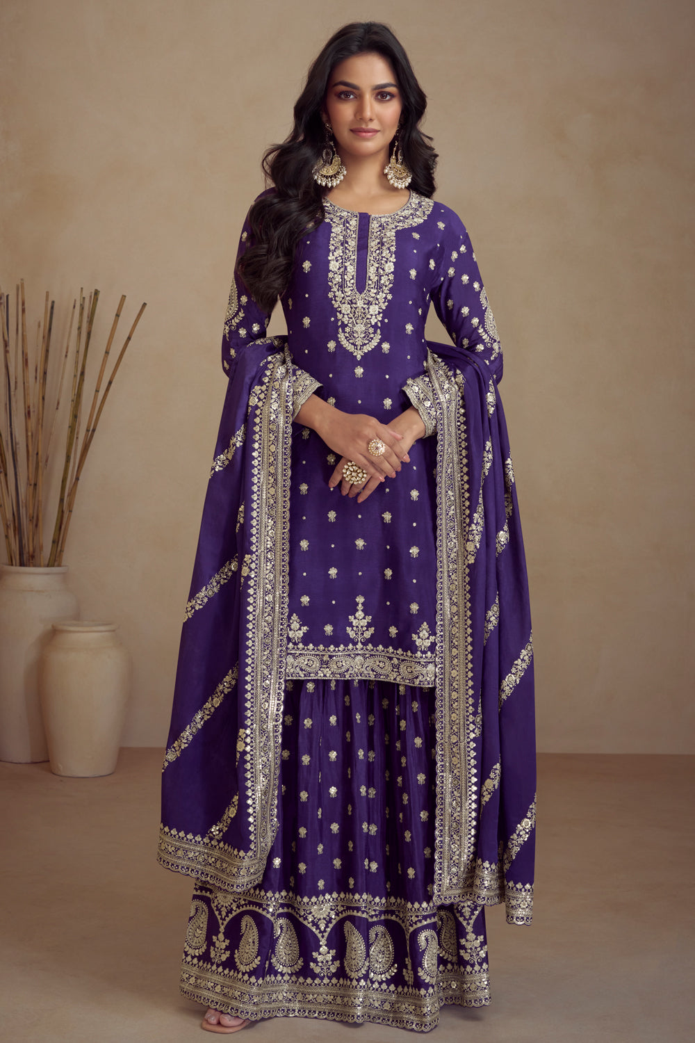 Purple Zari Embroidered Sharara Salwar Suit