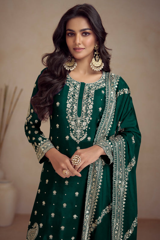 Dark Green Zari Embroidered Sharara Salwar Suit