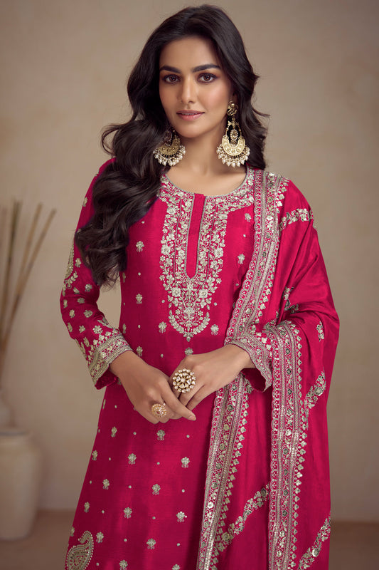 Pink Zari Embroidered Sharara Suit In Chinon