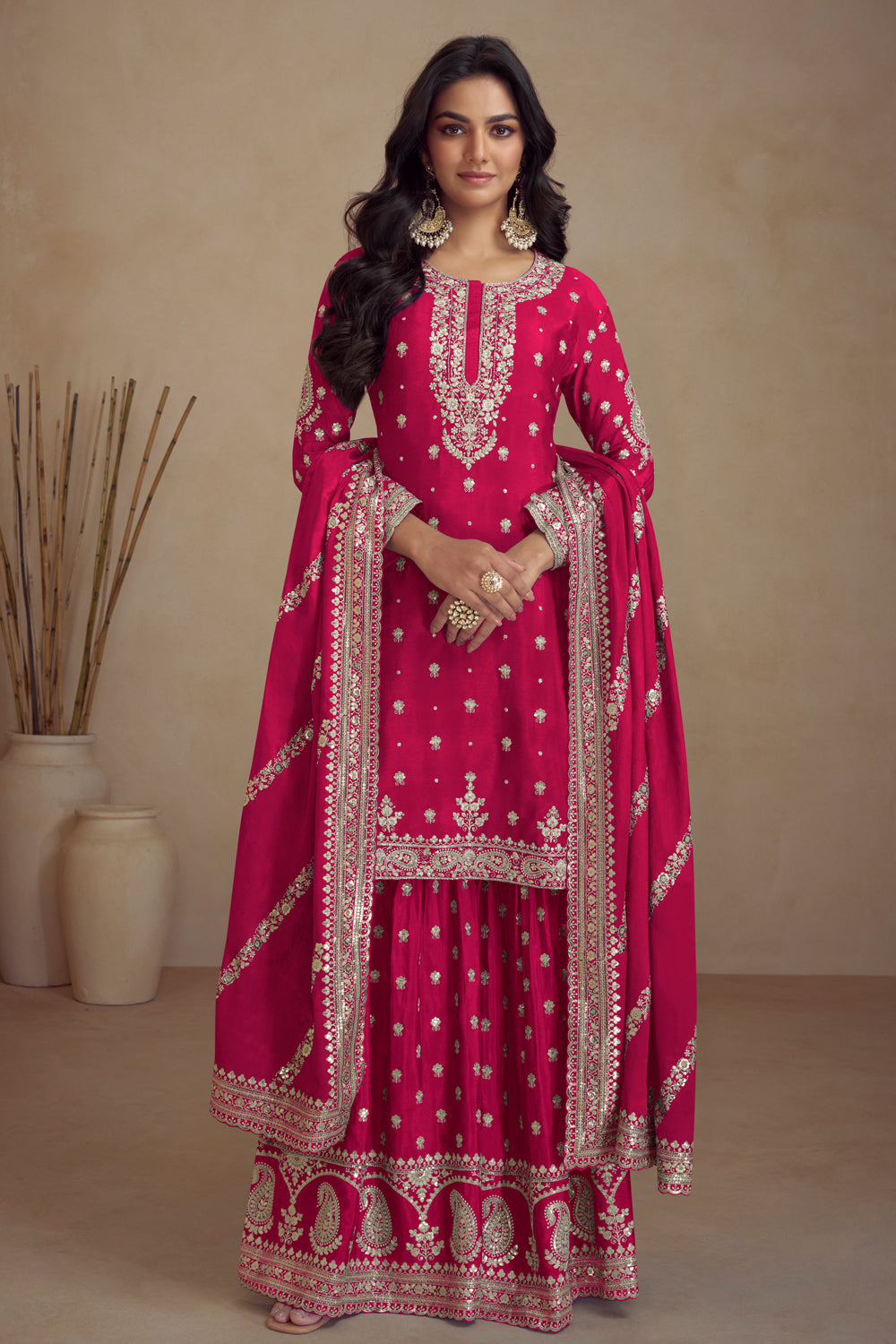 Pink Zari Embroidered Sharara Suit In Chinon