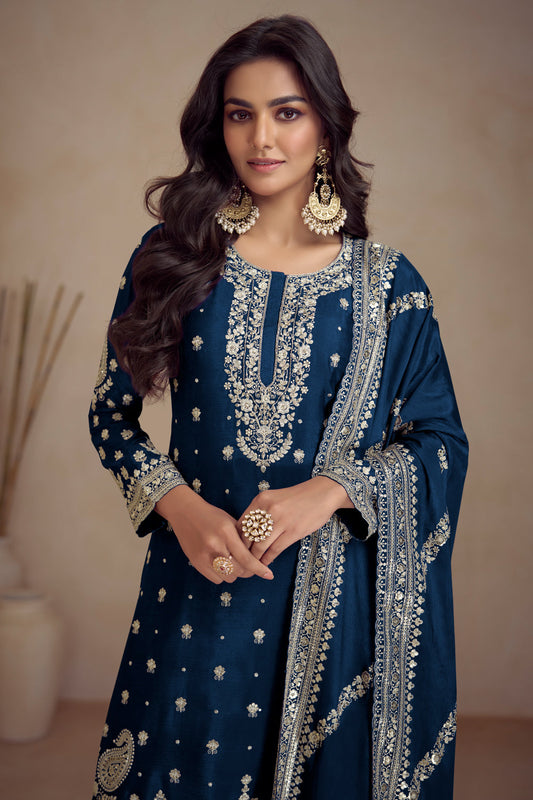 Royal Blue Zari Embroidered Sharara Salwar Suit