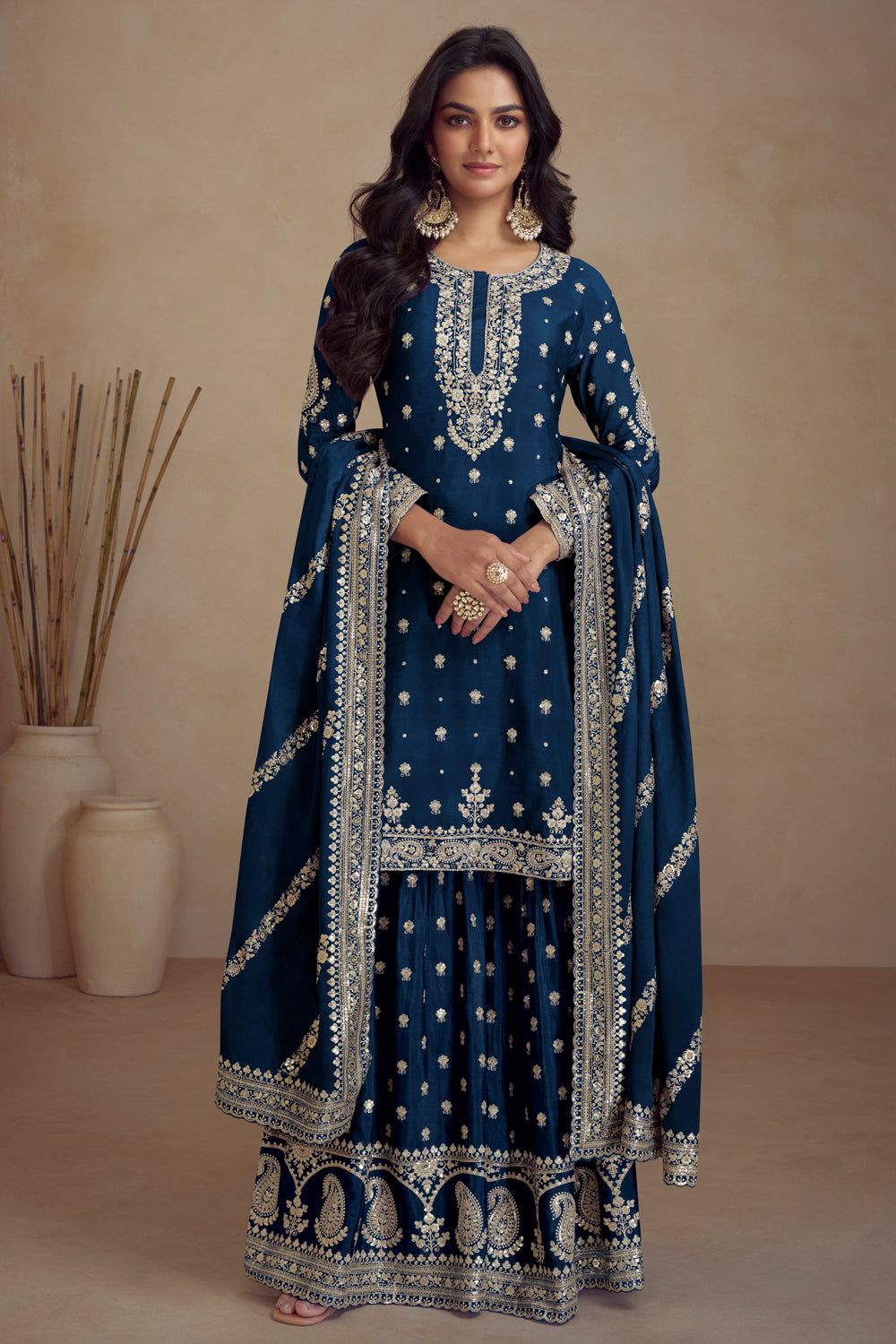 Royal Blue Zari Embroidered Sharara Salwar Suit