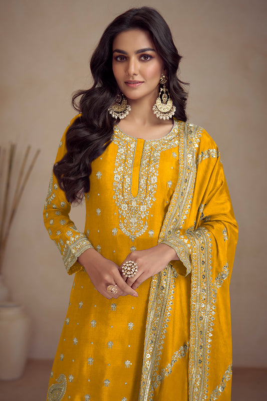 Yellow Chinon Embroidered Sharara Salwar Suit