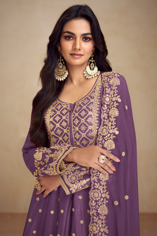 Purple Sequin Embroidered Sharara Suit